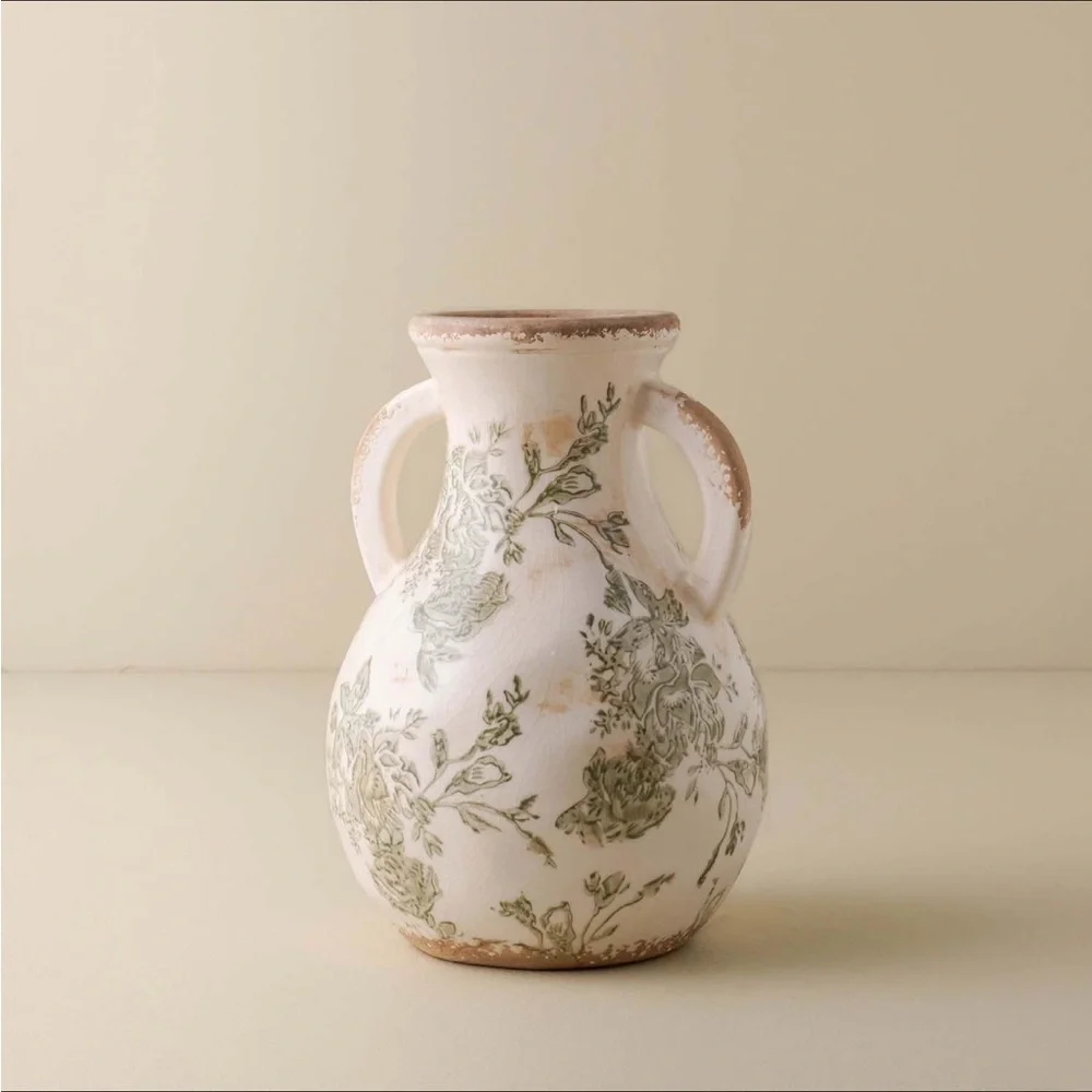 Distressed Floral Vase with Handles - Magnolia